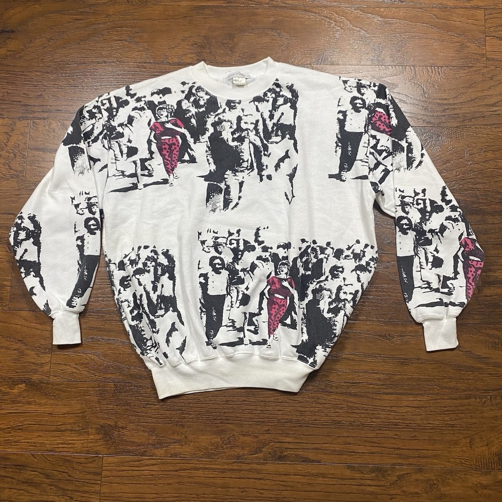 Vtg 80s Deux Garcons All Over Print Crowd Sweatshirt AOP Pink Pop Art Graphic L